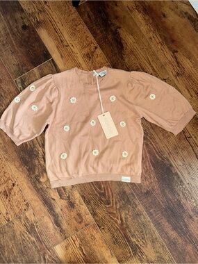 Kori Nude Pink Knit Daisy Appliqué Short Sleeve Sweater girls size 8